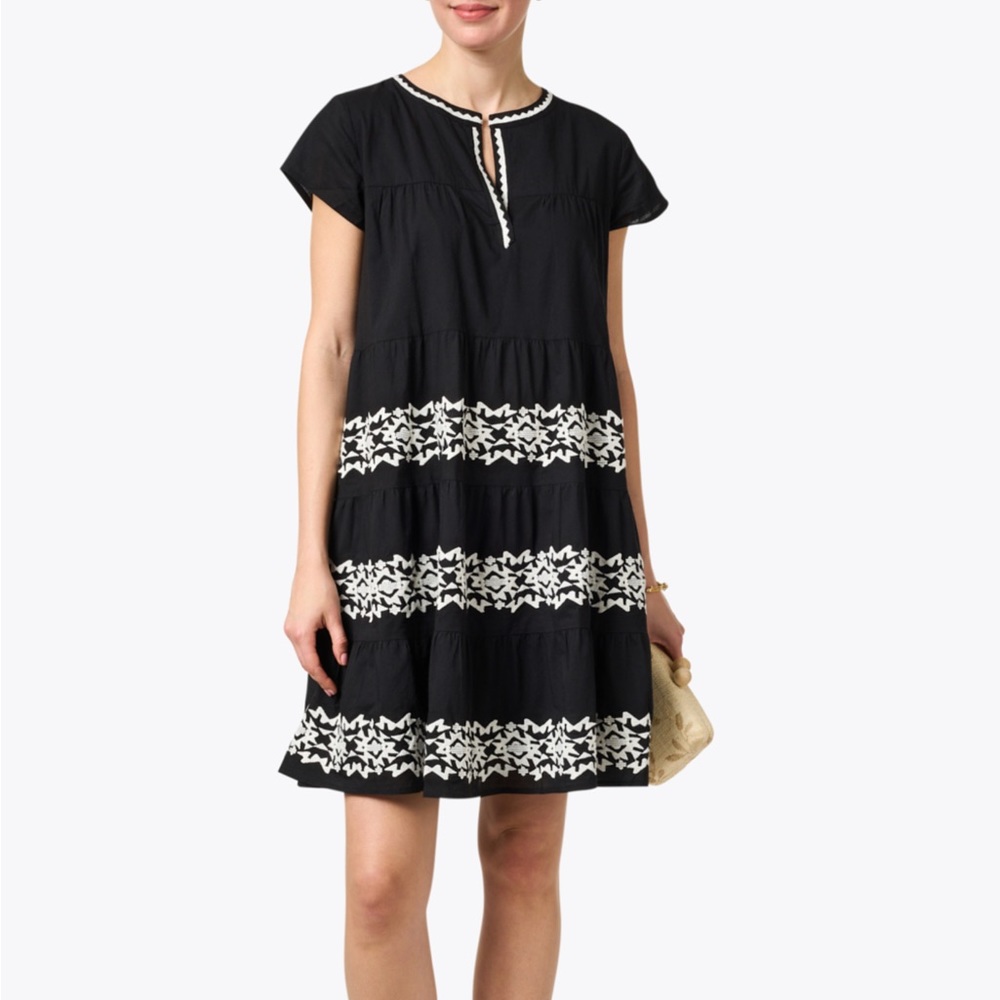 Roller Rabbit Pamela Dress Medium Embroidered Split V-Neck Black White